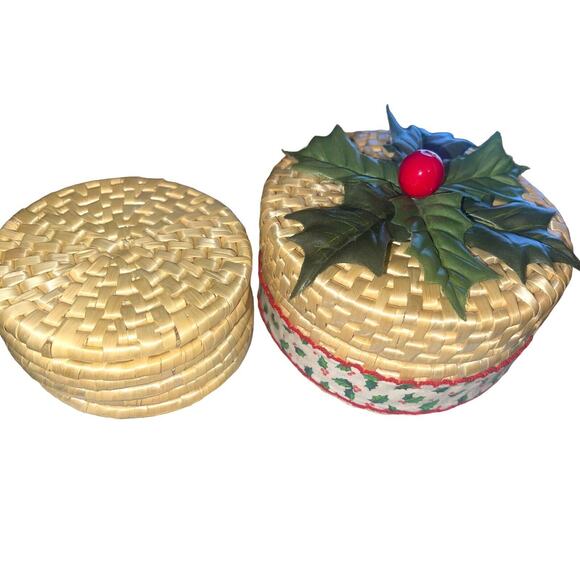 Wicker Mistletoe Coaster Set w/ Wicker Storage Basket Hand CraftedRound Natural - Picture 1 of 5